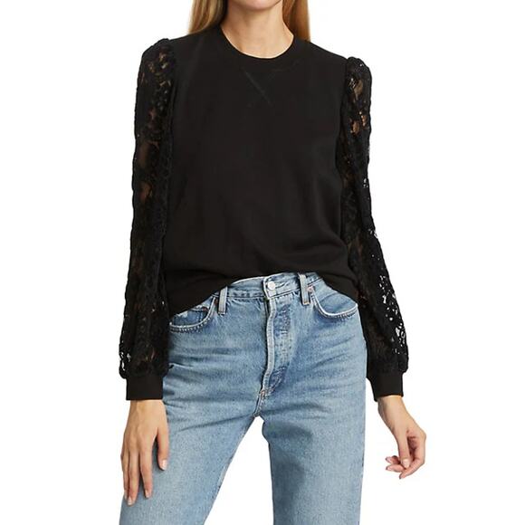 Cami NYC Risa Sweatshirt Black Velvet Lace Sleeves Puff Shoulder SZ M NWT - Picture 2 of 9